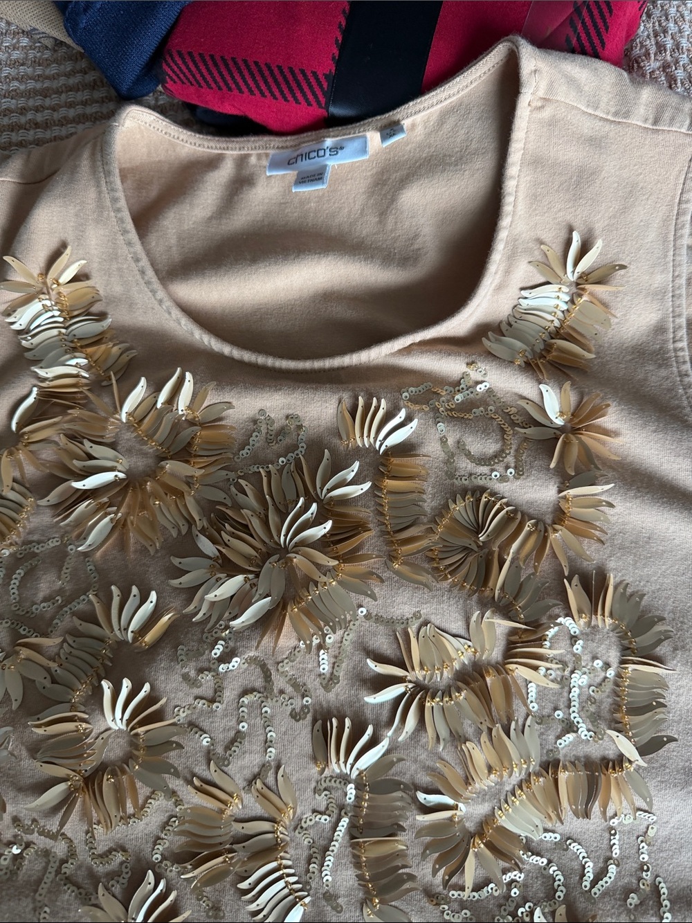 Chico's Beige Floral Sequin Embellished Short Sleeve Top